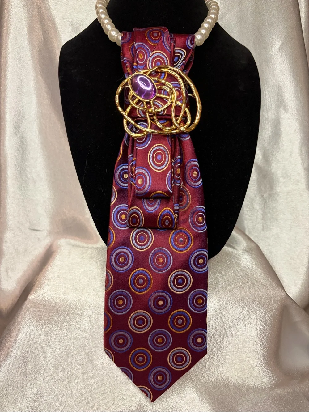 Claiborne Burgundy Circle-Print Scarf Pendant with Gold-Tone Accent